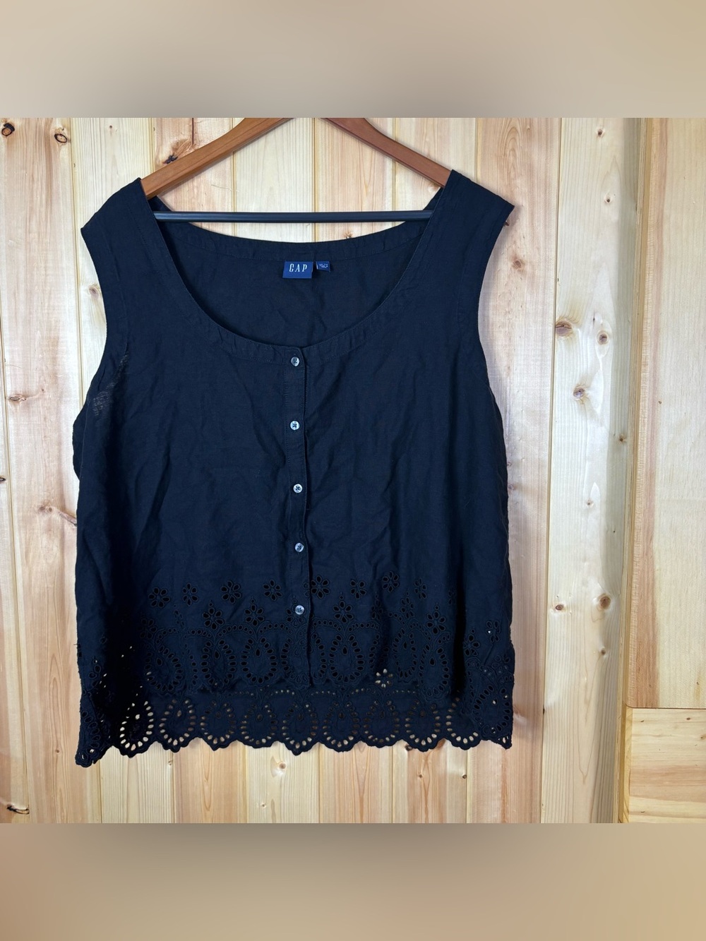 GAP Womens XXL Black Linen Rayon Eyelet Embroidered Button Front Top